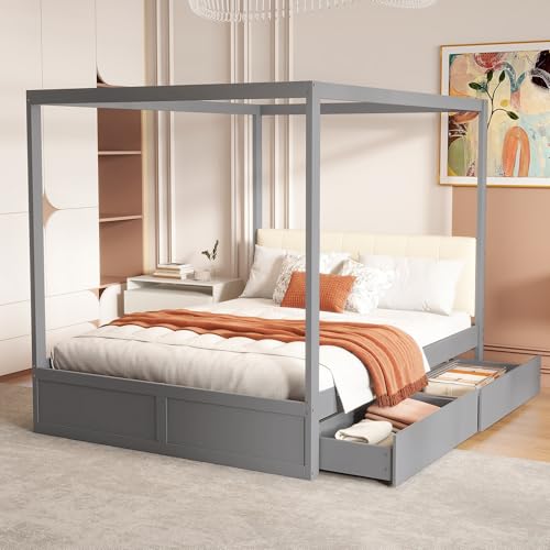 NovaFurnish Himmelbett140X200 cm mit großen Schubladen und weicher Rückenlehne, Holz Bett Grau von NovaFurnish