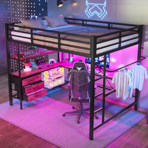 NovaFurnish Hochbett, 140X200cm, Mit LED-Leuchten, Schreibtisch, Steckdose + USB, 3 Schubladen, Regale, Geländer, Treppe, ohne Matratze (Schwarz) von NovaFurnish