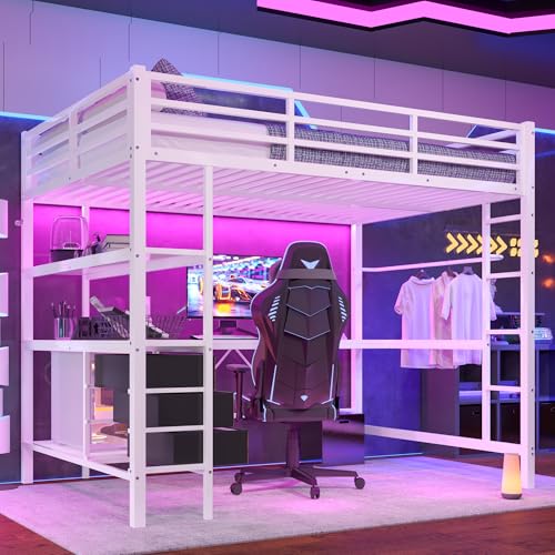 NovaFurnish Hochbett, 140X200cm, Mit LED-Leuchten, Schreibtisch, Steckdose + USB, 3 Schubladen, Regale, Geländer, Treppe, ohne Matratze (Weiß) von NovaFurnish
