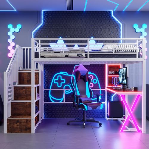 NovaFurnish Hochbett, 140x200, Mit LED-Leuchten, Ablageleiter, Schreibtisch, Kleiderschrank, Regale, ohne Matratze, Weiß von NovaFurnish