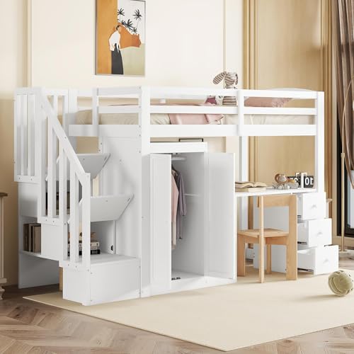 NovaFurnish Hochbett, 90 x 200cm, Bett mit Lattenrost (ohne Matratze), Bett mit Kleiderschrank und Treppe, Schreibtisch, Schubladen und Kleiderschrank, weiß von NovaFurnish