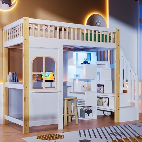 NovaFurnish Hochbett, 90x200cm, Mit LED-Leuchten, Fensterform, Ablageleiter, offenem Staufach, Schreibtisch, Steckdose, ohne Matratze, Weiß+Natur NovaFurnish Hochbett, 90x200cm, Mit LED-Leuchten, Fensterform, Ablageleiter, offenem Staufach, Schreibtisch, Steckdose, ohne Matratze, Weiß+Natur von NovaFurnish