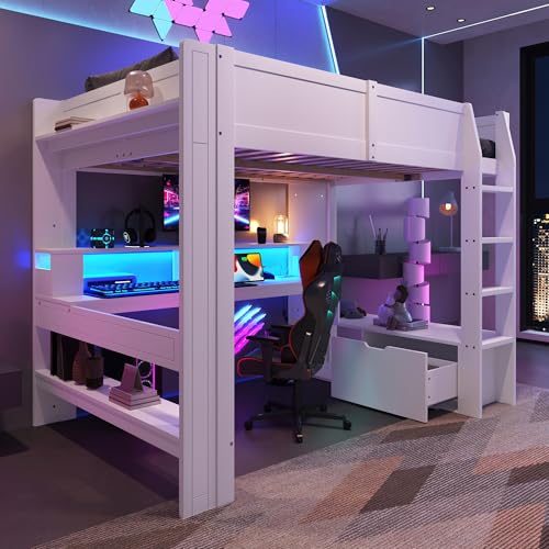 NovaFurnish Hochbett,90x200cm,Gaming Bett mit Schreibtisch, Mit LED-Leuchten, Schreibtisch,Schublade, Regale, ohne Matratze, Weiß (140x200cm) von NovaFurnish