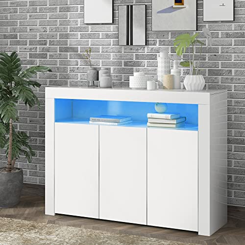 NovaFurnish Hochglänzende weiße Sideboard-Vitrine mit LED-Leuchten, Moderne 3-türige Holz-Buffetschrank-Aufbewahrungseinheit mit Fernbedienung für Küche, Wohnzimmer, Esszimmer, Flur NovaFurnish Hochglänzende weiße Sideboard-Vitrine mit LED-Leuchten, Moderne 3-türige Holz-Buffetschrank-Aufbewahrungseinheit mit Fernbedienung für Küche, Wohnzimmer, Esszimmer, Flur von NovaFurnish