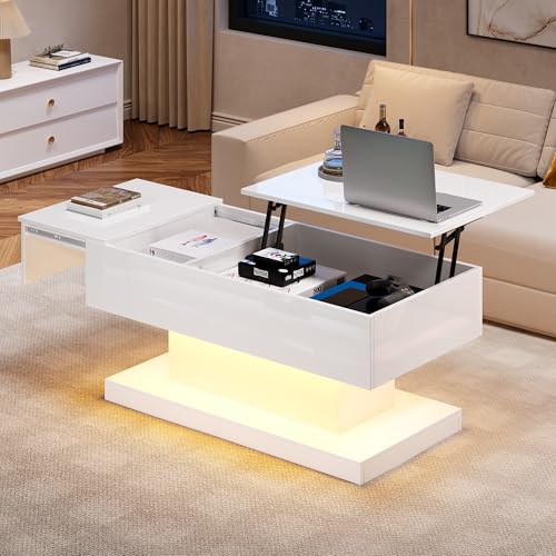 NovaFurnish Hochglanz-Lift-Teetisch LED Couchtische Kaffeetisch mit LED-Beleuchtung – Halbhebbares Tischblatt und seitlich verschiebbares Design, hydraulischer Lift und Stauraum (Weißer, 100x50x45cm) von NovaFurnish