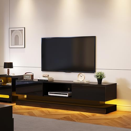 NovaFurnish Hochglanz-TV-Ständer mit LED-Beleuchtung, 2 Schubladen, Anwendungssteuerung, Anti-Kipp-Design, geeignet für 60-Zoll-Fernseher, TV-Schränke, TV-lowboard (schwarzer, 160X35X40.5cm) von NovaFurnish