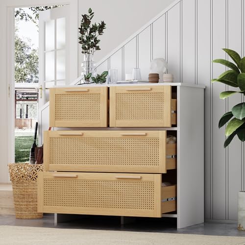 NovaFurnish Hochwertiger 4-Schubladen-Rattanschrank mit Massivholzgriffen - Geeignet für Schlafzimmer, Wohnzimmer, Esszimmer, Flur - Maße:80X38X80 cm von NovaFurnish