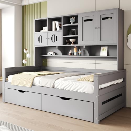 NovaFurnish Holzsofa-Bett 90 x 200 cm, multifunktionaler Stauraum, große Schublade, Einzelbett, Jugendbett, Lattenrost, grau (Ohne Matratze) von NovaFurnish