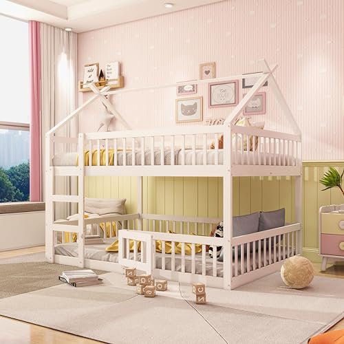 NovaFurnish Kinder-Familienbett, Etagenbett mit Treppe, Loft Design, Massivholz-Etagenbett-Rahmen(Weiß, 140X200cm) von NovaFurnish