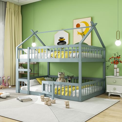 NovaFurnish Kinder-Familienbett, Etagenbett mit Treppe, Loft Design, Massivholz-Etagenbett-Rahmen (Grau, 140X200cm) von NovaFurnish