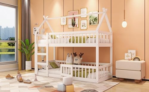 NovaFurnish Kinder-Familienbett, Etagenbett mit Treppe, Loft Design, Massivholz-Etagenbett-Rahmen (Weiß, 90X200cm) von NovaFurnish