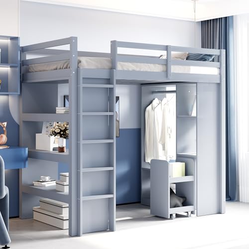 NovaFurnish Kinderhochbett 90X200 cm, Mit Mehrstufigen Regalen, Mit Einfachen Kleiderbügeln und Ablagefächern, Mit 1 Herausnehmbaren Organisationswagen, Viel Stauraum, Jugendbett, Einzelbett (Grau) von NovaFurnish