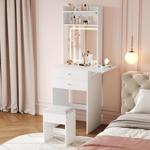 NovaFurnish Kleiner Schminktisch mit Verstellbarer LED-Beleuchtung und – inkl 1 Hocker, 2 Schubladen, Zwei offenen Fächern und Stauraum mit 22cm klappbare Tischplatte Farbe: Weiß Maße:75X45X156cm von NovaFurnish