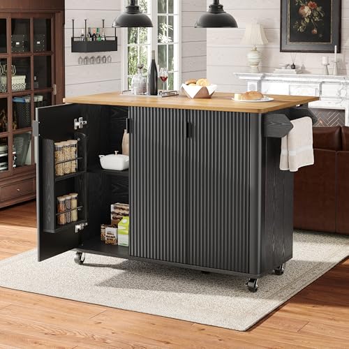 NovaFurnish Kücheninsel, Speisewagen mit Holzmaserung, Buffet, 130x45(75) x92cm, Ausziehbarer Küchenwagen auf Rädern mit Handtuchhalter, Gewürzregal, Trennwände verstellbar, 3 Türen (schwarz) von NovaFurnish