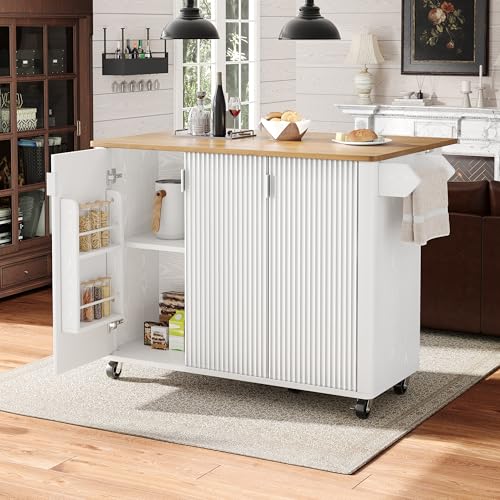 NovaFurnish Kücheninsel, Speisewagen mit Holzmaserung, Buffet, 130x45(75) x92cm, Ausziehbarer Küchenwagen auf Rädern mit Handtuchhalter, Gewürzregal, Trennwände verstellbar, 3 Türen (weiß) von NovaFurnish