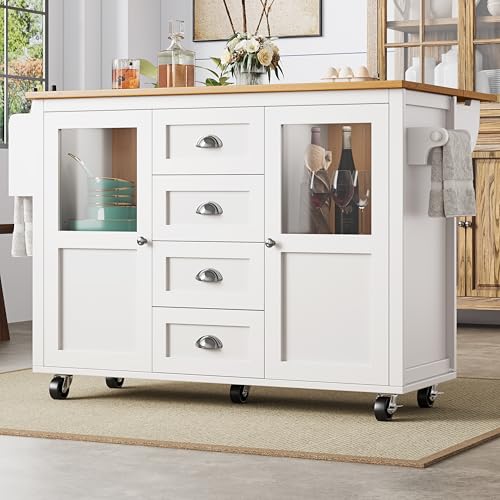 NovaFurnish Kücheninsel,Küchenschrank,Buffetschrank,120x73(45) x93cm,ausziehbarer Küchenwagen mit Rollen, Handtuchhalter, Gewürzregal, verstellbaren Einlegeböden, Zwei Türen, Vier Schubladen (Weiß) von NovaFurnish