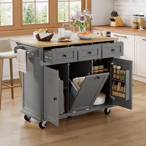 NovaFurnish Kücheninsel mit Rollen, Ausziehbarer Essbereich Kücheninsel mit Abfalleimer und Schubladen, Ideal für Küche und Esszimmer (Grau) von NovaFurnish