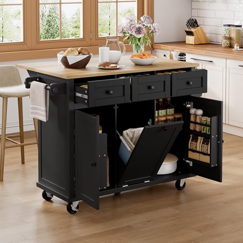NovaFurnish Kücheninsel mit Rollen, Ausziehbarer Essbereich Kücheninsel mit Abfalleimer und Schubladen, Ideal für Küche und Esszimmer (Schwarz) von NovaFurnish
