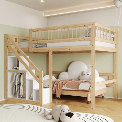 NovaFurnish Massivholzbett 140X200, Treppe mit Stauschrank, hohes Geländer, Kinderbett, Jugendbett, Massivholzbettgestell(Holzfarbe, 140X200cm) von NovaFurnish