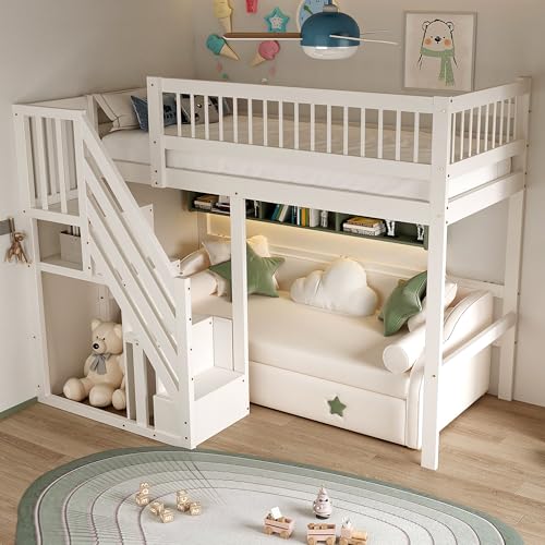 NovaFurnish Massivholzbett 90X200, Treppe mit Aufbewahrungsschrank, Kinderbett, Jugendbett, Einzelbett, Massivholzrahmen, hohe Ausführung (weiß, 90X200cm) von NovaFurnish