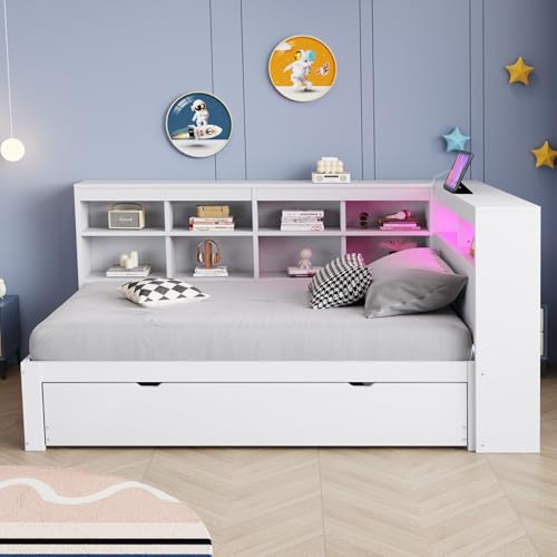 NovaFurnish Massivholzsofa 90X200 cm, Mit Ausziehbarem Bett, Mit USB-Steckdose und Mit LED-Licht, Mit Regalen und Ablagefächern, Viel Stauraum, Multifunktionales Einzelholzbett, Weiß NovaFurnish Massivholzsofa 90X200 cm, Mit Ausziehbarem Bett, Mit USB-Steckdose und Mit LED-Licht, Mit Regalen und Ablagefächern, Viel Stauraum, Multifunktionales Einzelholzbett, Weiß von NovaFurnish