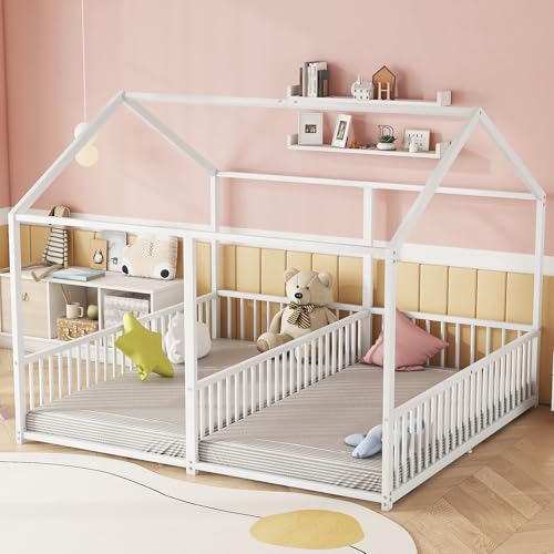 NovaFurnish Metallbett, Kinderbett, 90X200cm, Ohne Matratze, Geländer, Leiter, Hausmodellierung, Doppelbett Design, Doppelbett, Eisenrahmen (Weiß) von NovaFurnish