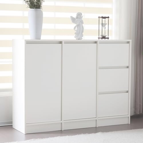 NovaFurnish Moderne Sideboard Kommode Schuhschrank mit großem Stauraum, Zwei Türen und DREI Schubladen mit einem verstellbaren Regal für Esszimmer, Wohnzimmer oder Küche,Weiß, Maße: 120X35X90cm von NovaFurnish