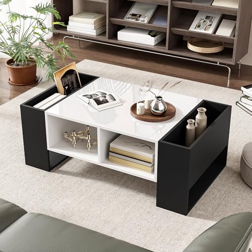NovaFurnish Moderner Couchtisch 105 x 60 x 40,5 cm – Schwarz-Weiß-Design mit hochglänzender Oberfläche, Schublade und 4 offenen Fächern von NovaFurnish