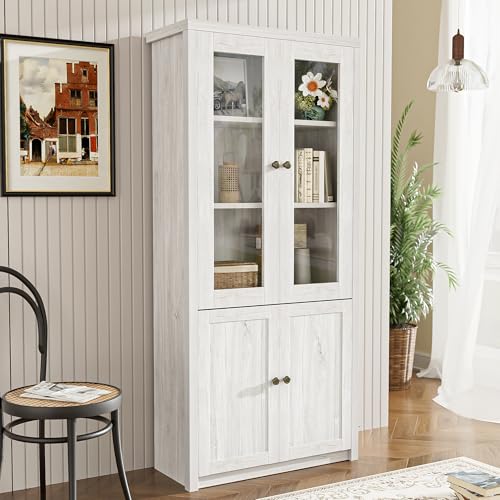 NovaFurnish Moderner Highboard Schrank 80x34x171 cm – Holzoptik mit Glastüren, 3 Schubladen & Kupfergriffen – Stilvoller Stauraum für Wohnzimmer, Büro & Flur (2 Holztüren und Kupfergriffen) von NovaFurnish