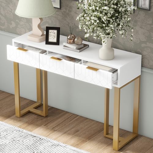 NovaFurnish Moderner Konsolentisch mit Schubladen, goldfarbenem Gestell, verstellbaren Fußpolstern und eleganten Griffen (Weiß+Gold) von NovaFurnish