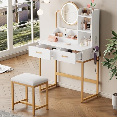 NovaFurnish Moderner Schminktisch mit LED-Beleuchtung, drehbarem Spiegel & Steckdosen – inkl. Hocker & goldenen Metallbeinen – 2 Schubladen + 2 offene Ablageflächen, weiß, Maße: 80X40X138.5cm (Weiß) von NovaFurnish