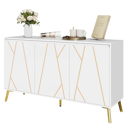 NovaFurnish Moderner Stil, einzigartige Linie, Sideboard, 3-türig, grifflos, für Esszimmer, Wohnzimmer, Küche, Buffetschrank (Weiß) von NovaFurnish