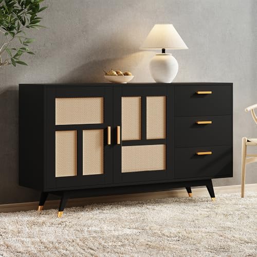 NovaFurnish Moderner dekorativer weißer Rattan Schrank Multifunktionaler Aufbewahrungsschrank 2 Rattan Türen 3 Schubladen Buffet Golddekoration 160X40X87cm (schwarzer) von NovaFurnish