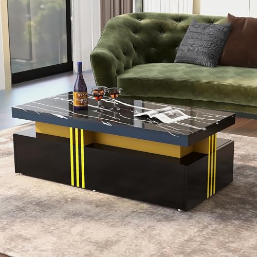 NovaFurnish Moderner rechteckiger Couchtisch mit Hochglanzplatte mit 2 Holzschubladen, marmorierte Tischplatte, für Wohnzimmer (schwarz, 100X50X40cm) von NovaFurnish