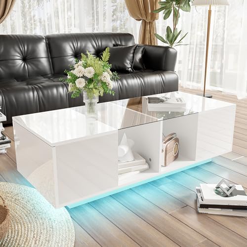NovaFurnish Moderner weißer Couchtisch mit LED-Beleuchtung, hochglänzender Tischplatte, 120 x 50 x 38,5 cm von NovaFurnish