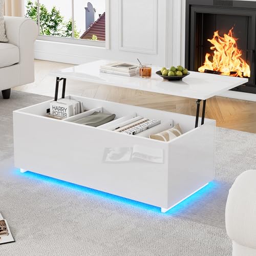 NovaFurnish Moderner weißer Hochglanz-Couchtisch mit LED-Beleuchtung und verstecktem Stauraum - Beistelltisch mit hydraulischem Hub,40 kg belastbar(Weißer, 100X50X35cm) von NovaFurnish
