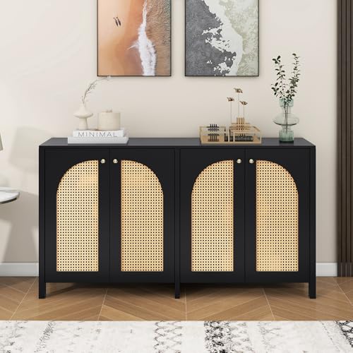 NovaFurnish Modernes Sideboard im minimalistischen Stil 4-Rattantür, Metallgriff einfaches Buffetschrank für Esszimmer, Wohnzimmer, Küche (Schwarz) von NovaFurnish
