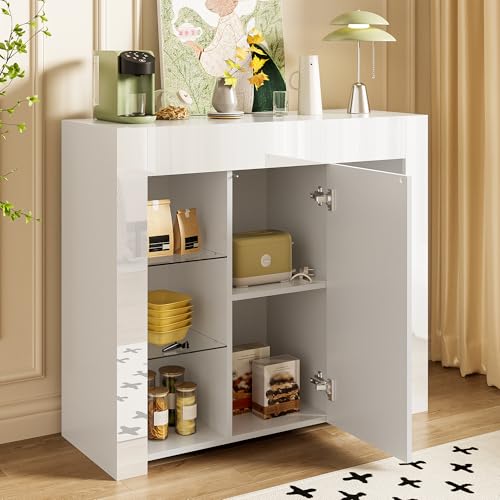 NovaFurnish Modernes Weißes Buffet mit Hochglanz-Front – Kompakte, stilvolle Aufbewahrungslösung mit Glasregalen und Schranktür für Wohnzimmer, Esszimmer oder Küche – 95x35x83cm (Weiß) von NovaFurnish
