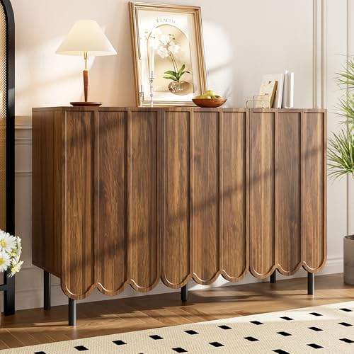 NovaFurnish Modernes holzfarbenes Sideboard mit Wellentüren – 120x35x80cm – grifflos, verstellbare Regale – Stauraum für Wohnzimmer, Flur & Esszimmer (holzfarbenes) von NovaFurnish