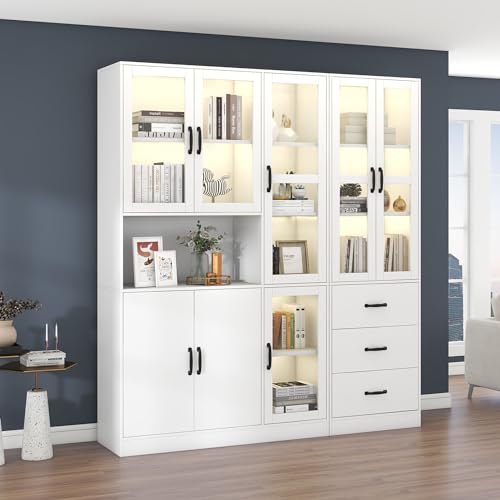 NovaFurnish Modernes weißes Kombivitrinen-Set 200 cm hoch und 180 cm lang, weiße Standvitrine mit LED-Beleuchtung, 8 Türen, 3 Schubladen - perfekt für die Präsentation Ihres Hauses! von NovaFurnish