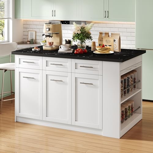 NovaFurnish Multifunktionale Kücheninsel mit 150cm+96cm, weißer ausziehbarer Esstisch, schwarz/weiß marmorierte Holzarbeitsplatte/Tisch von NovaFurnish