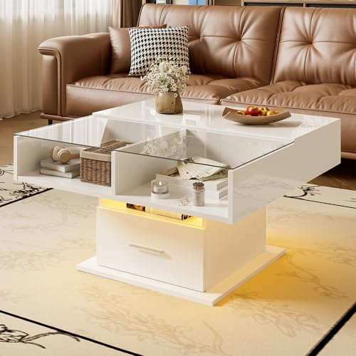 NovaFurnish Multifunktionaler Hochglanz-Lift-Couchtisch mit LED-Beleuchtung, Verstellbarer Höhe & flexiblem Stauraum – modernes Design für Wohnzimmer, Büro & kleine Wohnungen (Weiß) von NovaFurnish