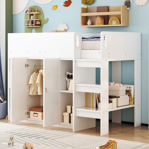 NovaFurnish Multifunktionales Hochbett 90X200 mit Stauraum, Schrank und Regalen – Kinderbett mit Leiter und Stabiler Konstruktion (Weiß) von NovaFurnish