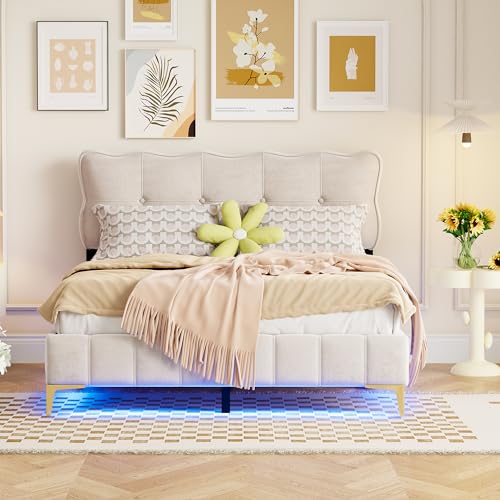 NovaFurnish Polsterbett 140 x 200 cm, Jugendbett, Doppelbett mit LED-Leuchten mit Rückenlehne mit Lattenrost Samtstoff hohe Metallfüße Beige (Matratze Nicht im Lieferumfang enthalten) von NovaFurnish