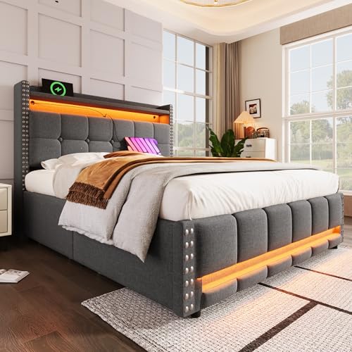 NovaFurnish Polsterbett 140X200 cm mit LED-Beleuchtung und USB-Steckdose, Kopfteil mit Ablagen und Stauraum mit 4 Schubladen, Doppelbett für Erwachsene, Leinenstoff Grau von NovaFurnish