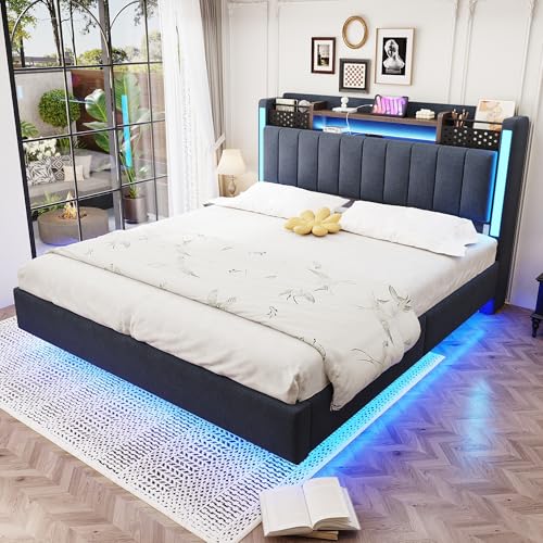 NovaFurnish Polsterbett 140X200 mit LED-Beleuchtung und USB-Steckdose, Kopfteil mit Stauraum, Schwebebett Jugendbett Erwachsenenbett, Leinenstoff, (Grau, 140X200cm) von NovaFurnish