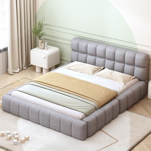 NovaFurnish Polsterbett 140X200cm, Jugendbett, Doppelbett mit weicher Rückenlehne, Flachbett mit Polsterumrandung, Lattenrost Leinen (Matratze Nicht im Lieferumfang enthalten) (Grau, 140X200cm) von NovaFurnish