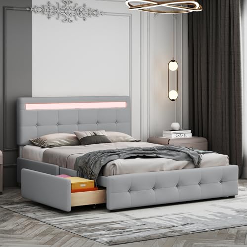 NovaFurnish Polsterbett 140X200cm mit LED, Lattenrost & Bettkasten auf Rollen, Einzelbett mit Kopfteil & 4 Schubladen, hautfreudliches Leinen-Oberfläche Kinderbett Jugendbett Gästebett (grau) von NovaFurnish