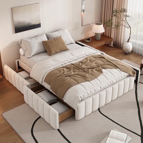 NovaFurnish Polsterbett 140x200cm Bettgestell Einzelbett Doppelbett Designbett mit Lattenrost (Ohne Matratze) Bettrahmen, Kein Kopfteil, minimalistisches Styling (beige) von NovaFurnish
