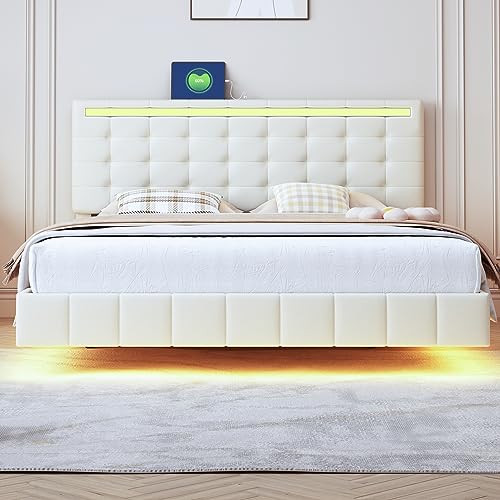 NovaFurnish Polsterbett 160 x 200 cm, gepolsterter Schwebebettrahmen mit LED-Leuchten und Kopfteildesign, flächiges Doppelbett-Gästebett in hautfreundlichem Leinen Beige von NovaFurnish